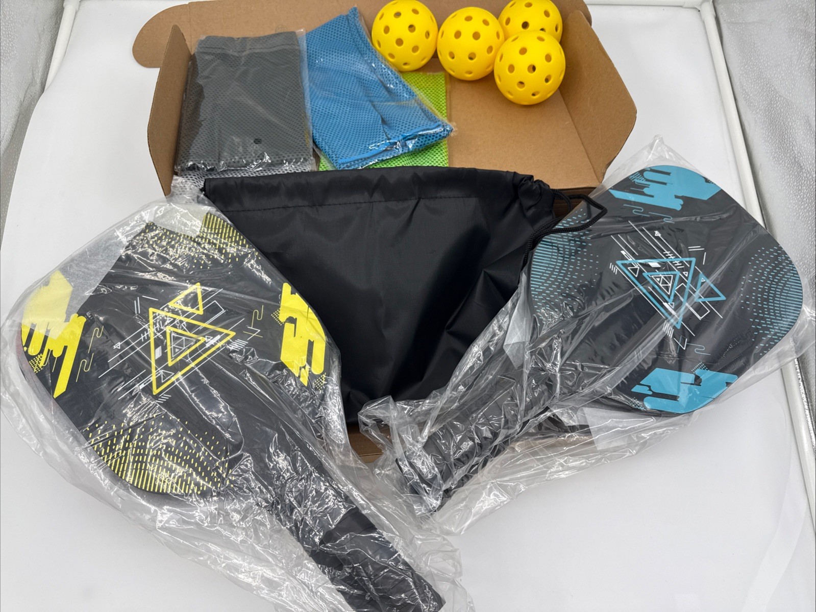 Pickleball Set w/ 4 Premium Wood Pickleball Paddles, 4 Balls & 4 Cooling Towels