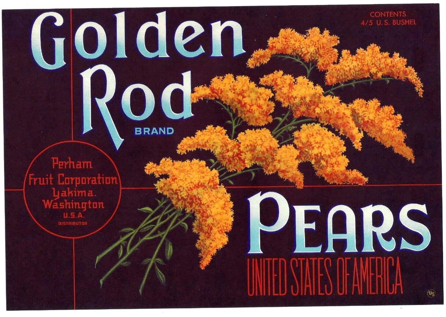 Original GOLDEN ROD pear crate label Perham Fruit Yakima Washington Art Moderne