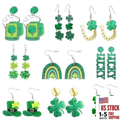 St Patricks Day Earrings, 9 Pairs Green Earrings with Shamrock and Irish Hat 
