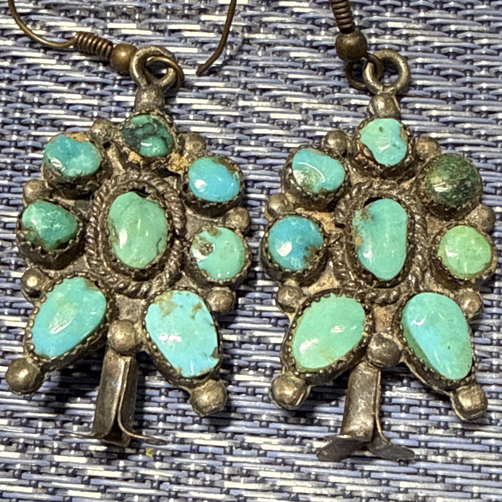 OLD PAWN NAVAJO STERLING SILVER SQUASH BLOSSOM TURQUOISE DANGLE EARRINGS