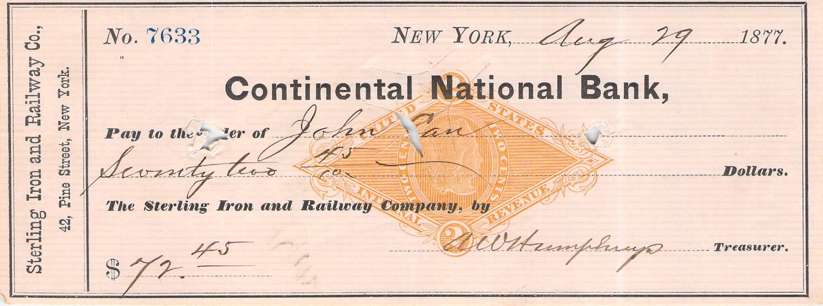 1877 STERLING IRON  RAILROAD BANK CHECK DRAFT RECEIPT REVENUE STAMP