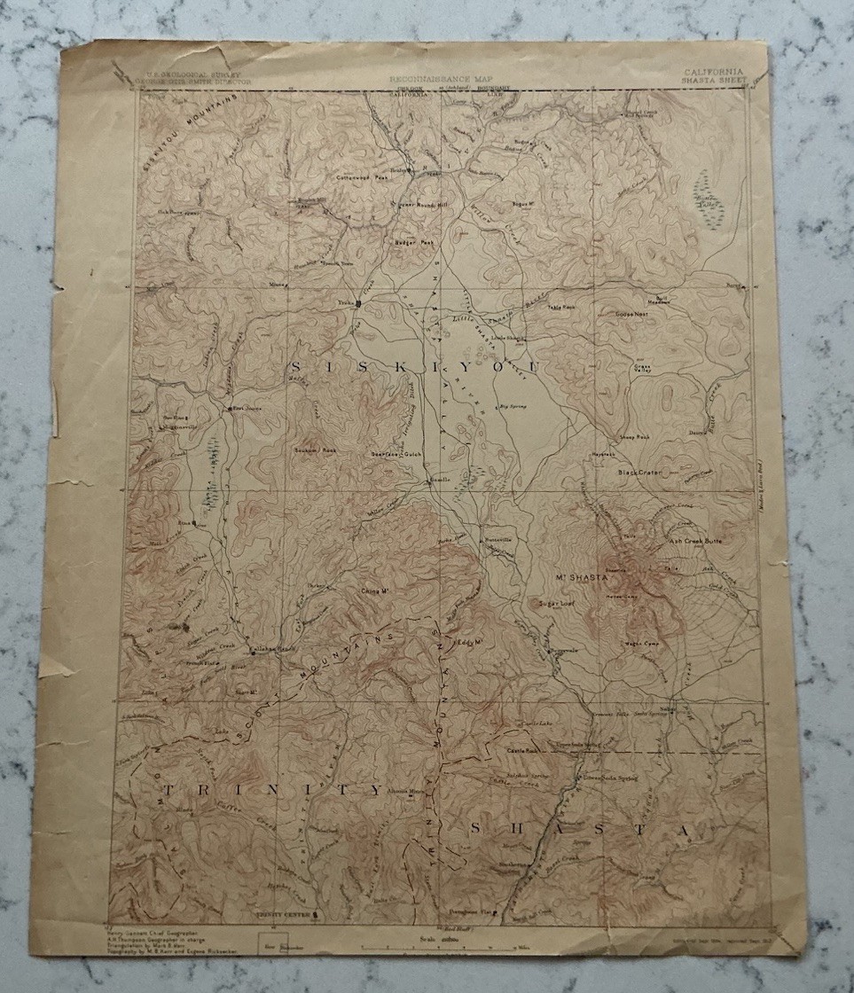 ANTIQUE SHASTA CALIFORNIA GEOLOGICAL SURVEY TOPOGRAPHICAL MAP 1912 USGS