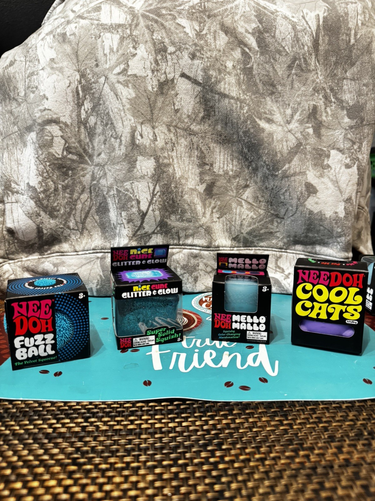 NeeDoh Cool Cat + Mello Mallo + Cube Glitter & Glow + Fuzzball Velvet Squeeze