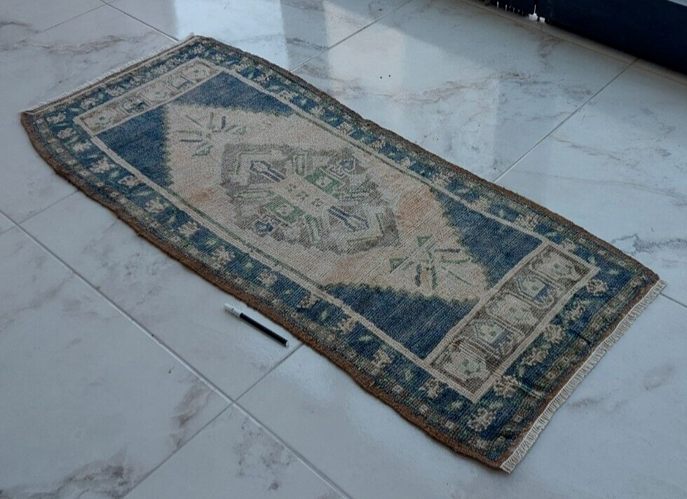 Long Antique Carpet Rug, Blue Runner Rug, Turkish Faded Rug Handmade Wool Rug