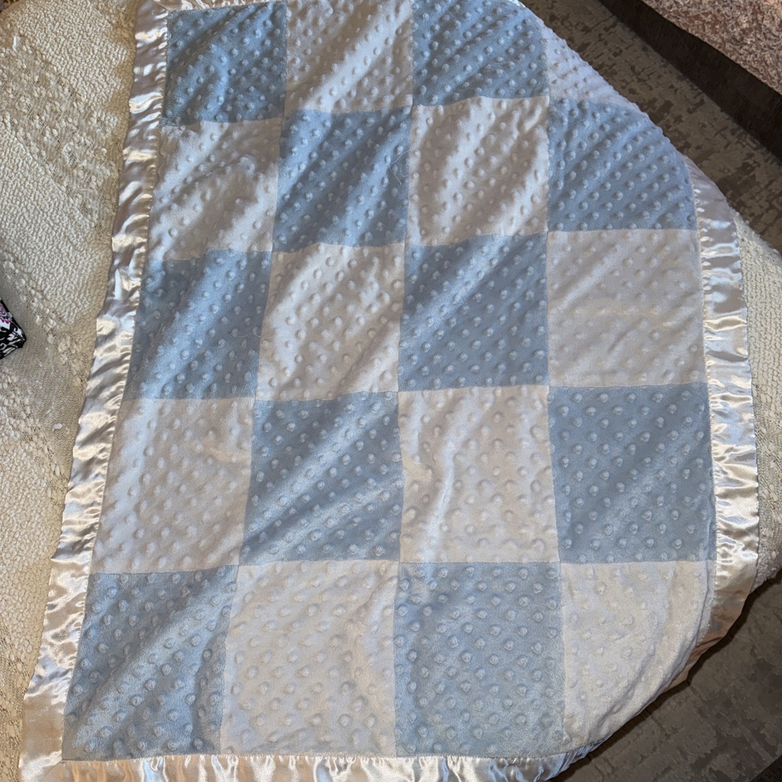 Just Born Minky Blue Gray Colorblock Baby Blanket Satin Backing And Trim Blue-