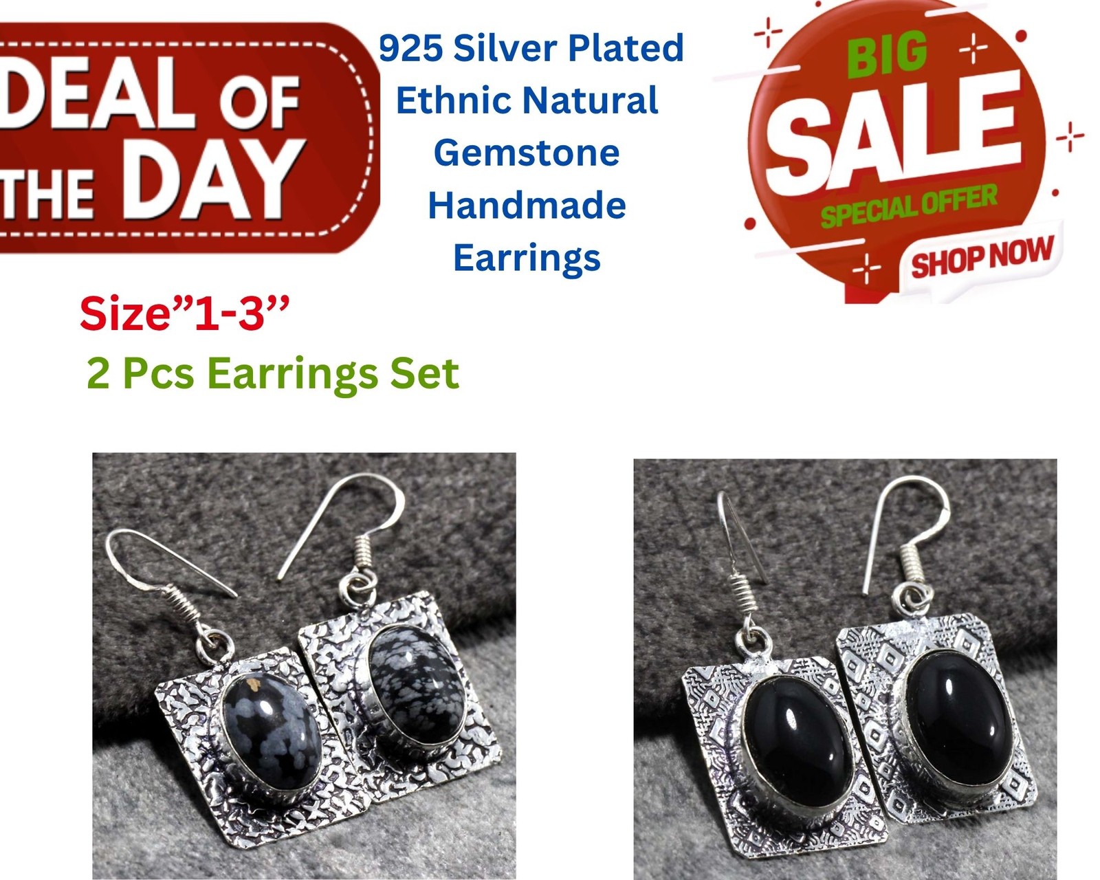 Black Onyx Snowflake Obsidian 2 Pcs Earrings Set| Combo Set 1.7|1.5" MJ