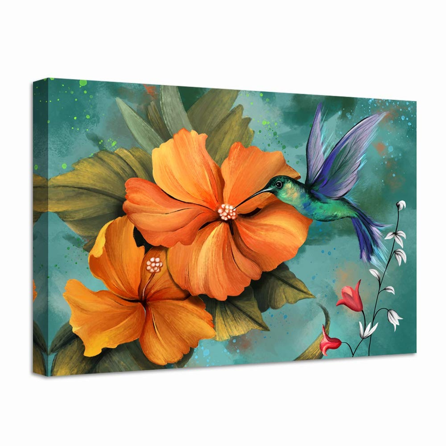 LevvArts Burn Orange and Teal Wall Art Decor Hummingbird Painting Prints Hawa...
