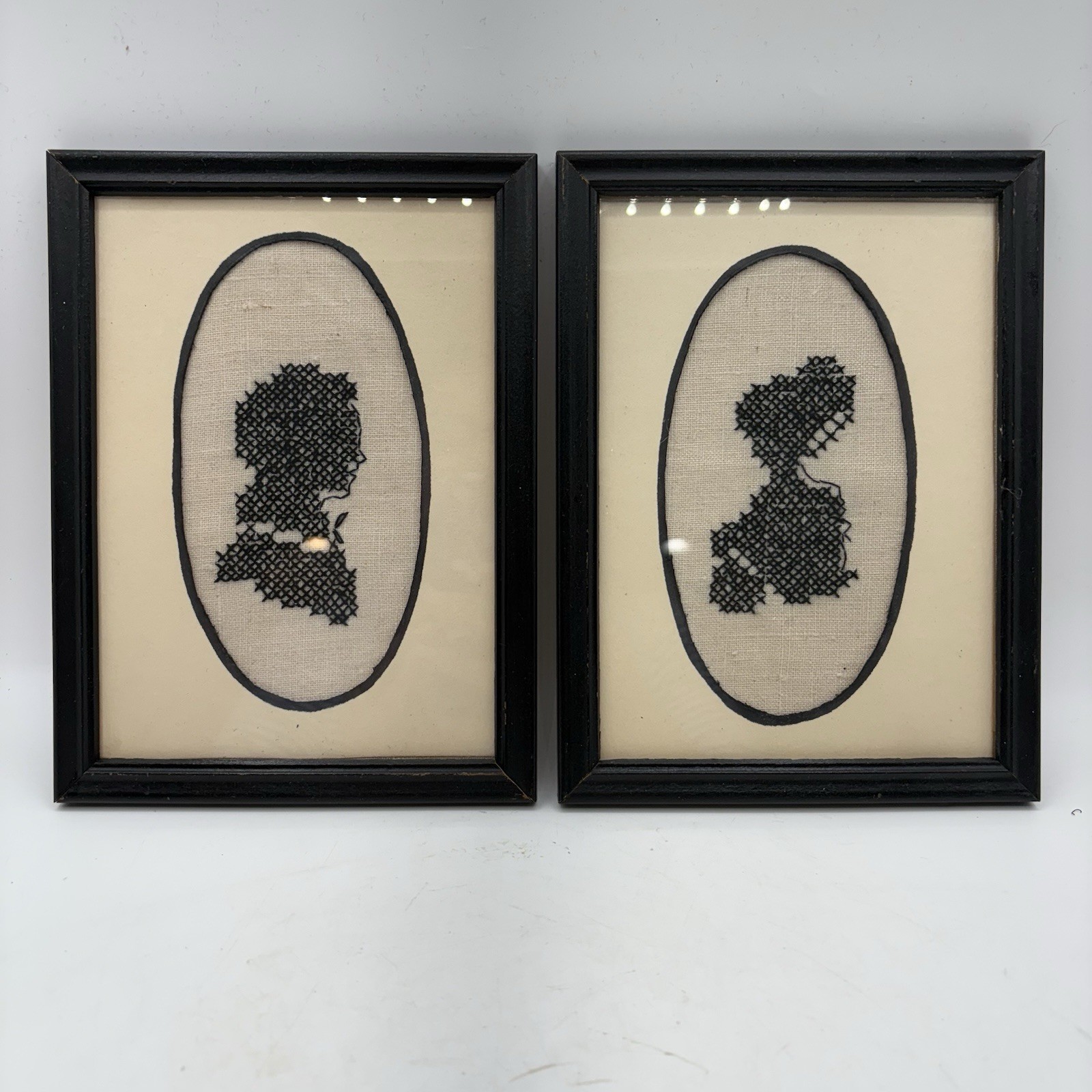 Vintage Silhouette Needlepoint Side Profile Portraits Regency Framed Pair
