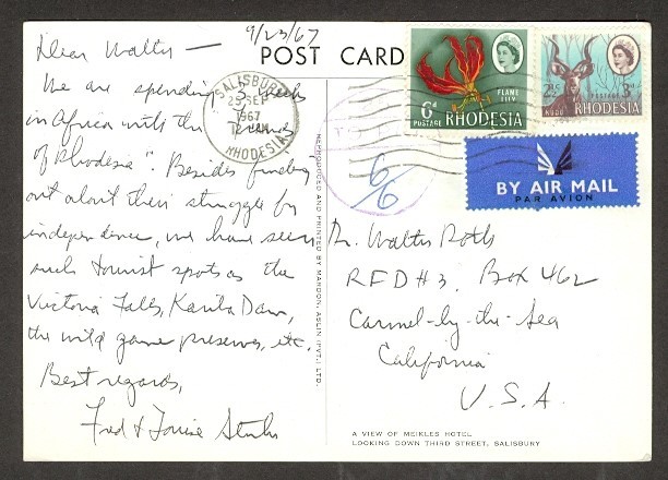 RHODESIA 1967 QEII COMBO SHORT PAID PPC TO USA