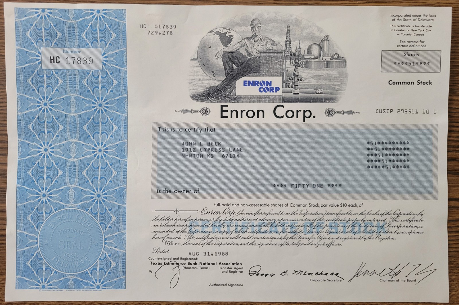  ENRON CORPORATION 1988 Stock Certificate 