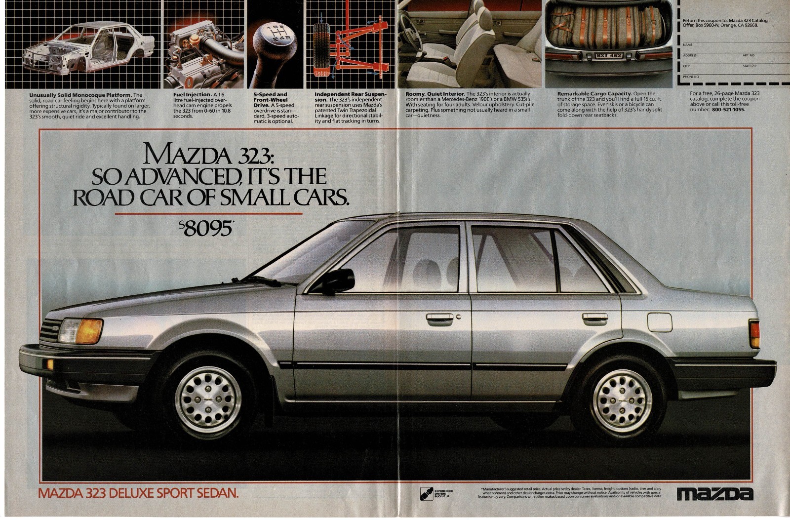 1986 Mazda 323 Deluxe Silver 4-Door Sport Sedan Vintage Print Ad  Centerfold