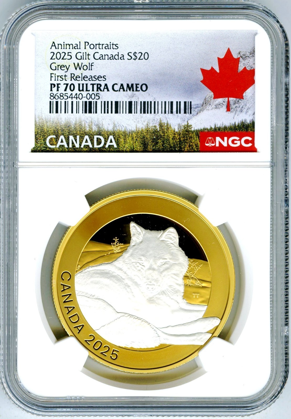 2025 $20 CANADA 1 OZ SILVER PROOF GILT NGC PF70 ANIMAL PORTRAITS GREY WOLF - FR