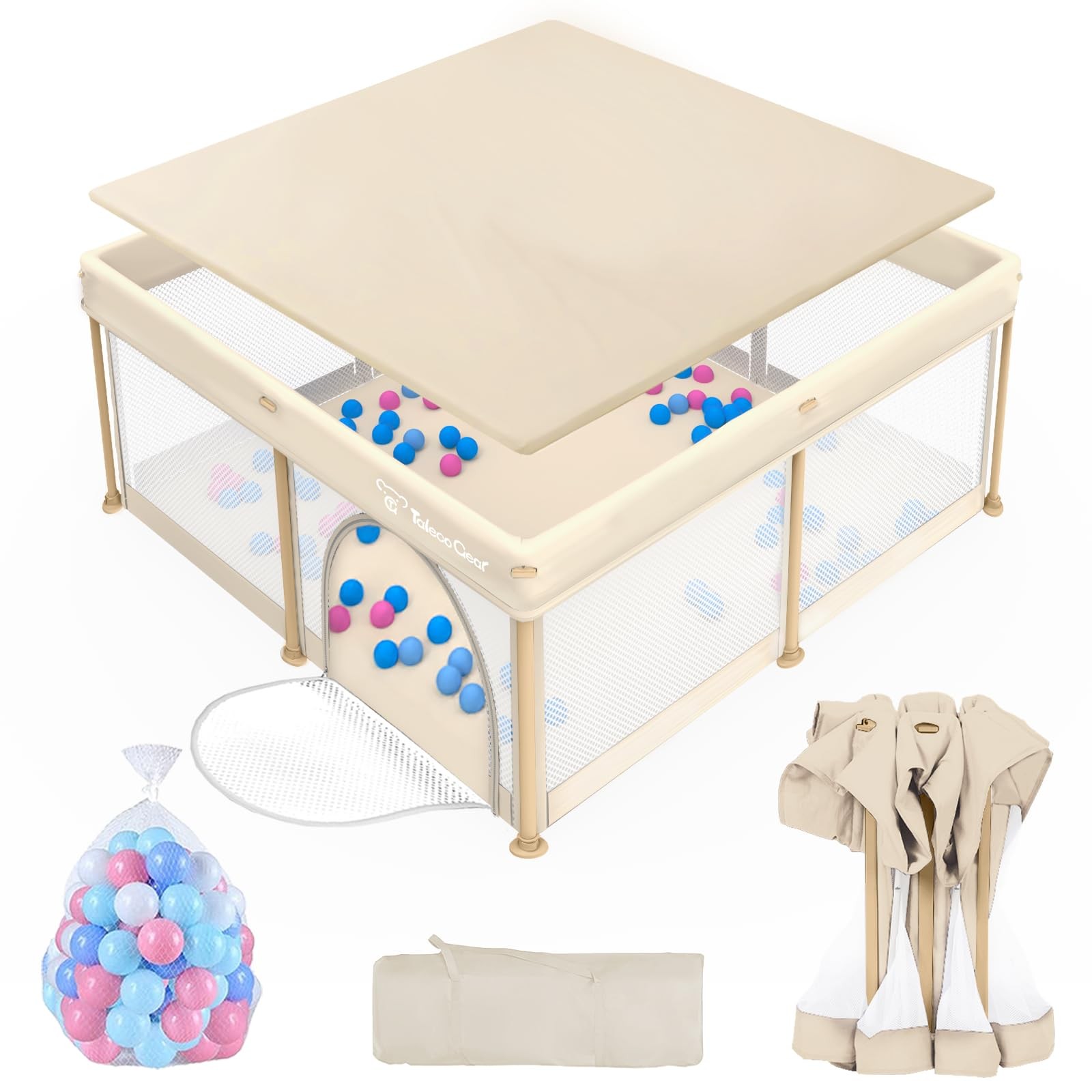 Portable Baby Playpen 50x50 Inch Collapsible Play Yard with 50 Ocean Balls Mesh