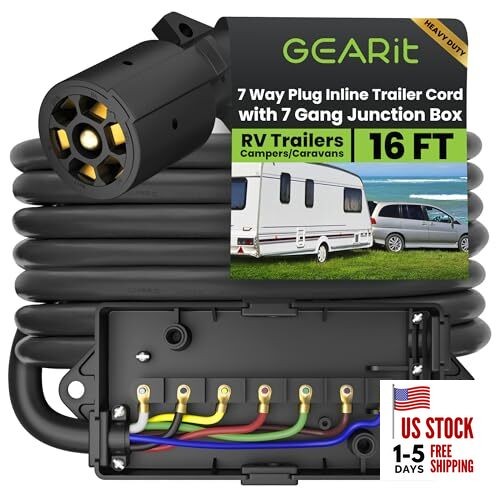  7 Way Plug Inline Trailer Cord (16 Feet) with 7 16 Feet w/ Junction Box Black