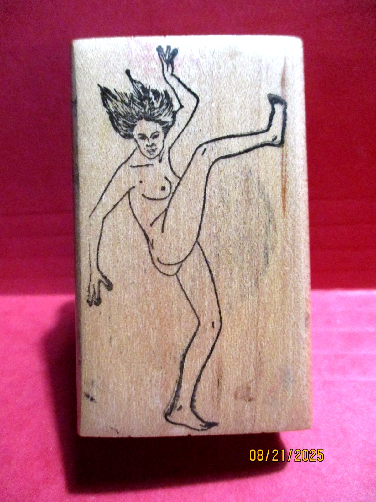 NUDE NUDEY WOMAN KICKING UP LEG  RUBBER STAMP WOOD MTD VTG