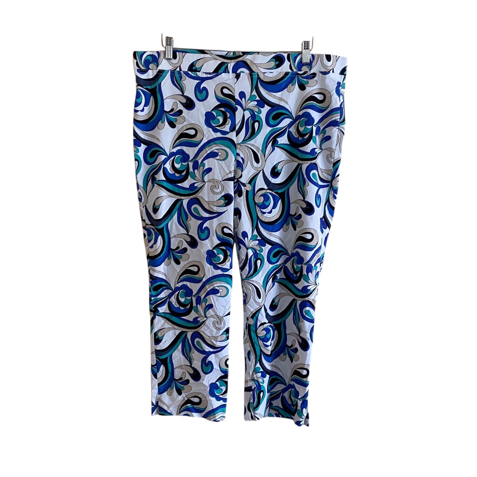 Joseph Ribkoff Slim Mid-Rise Capri Pants Woman 20 White Blue Swirl Artsy Quirky