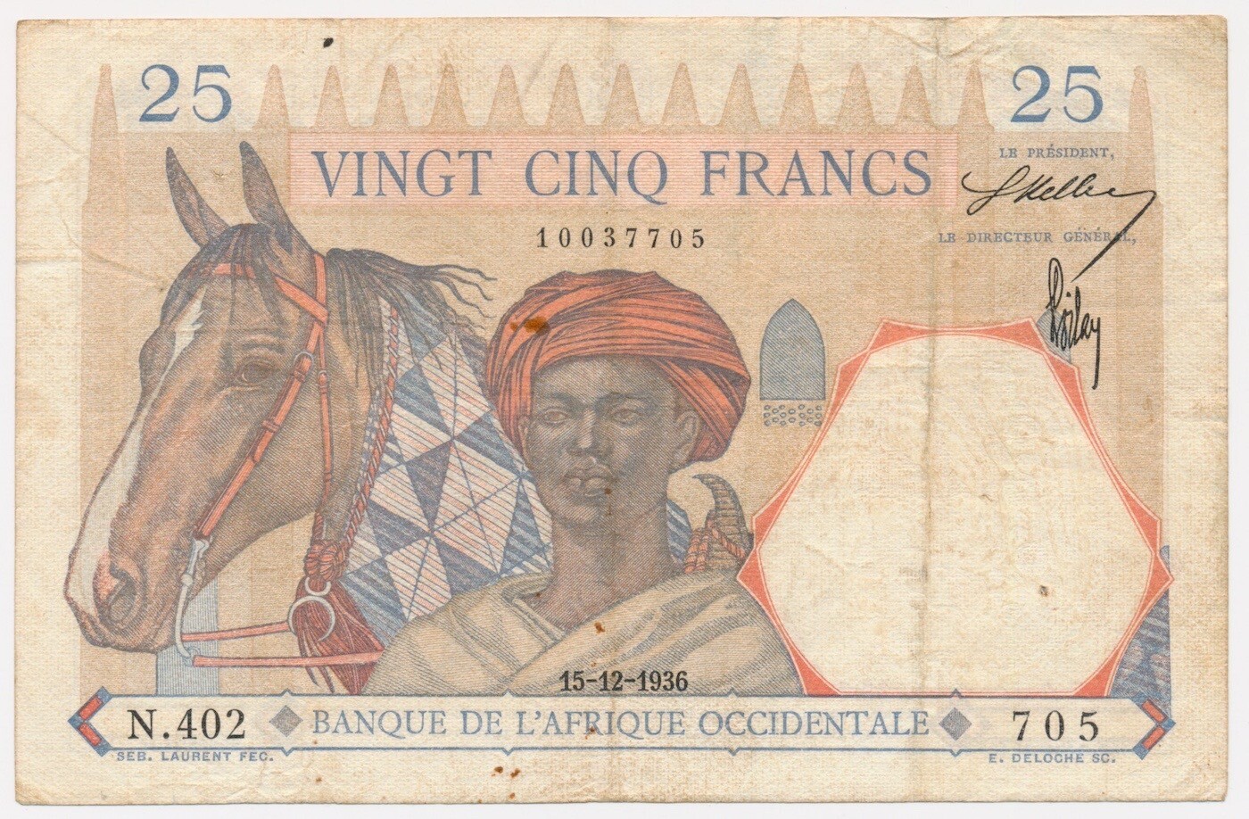 FRENCH WEST AFRICA banknote 25 Francs 15.12.1936 VF