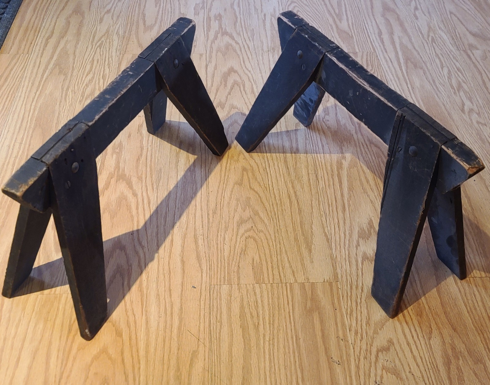 Antique Miniature Primitive Wood Sawhorse Bench Trestles Black Paint