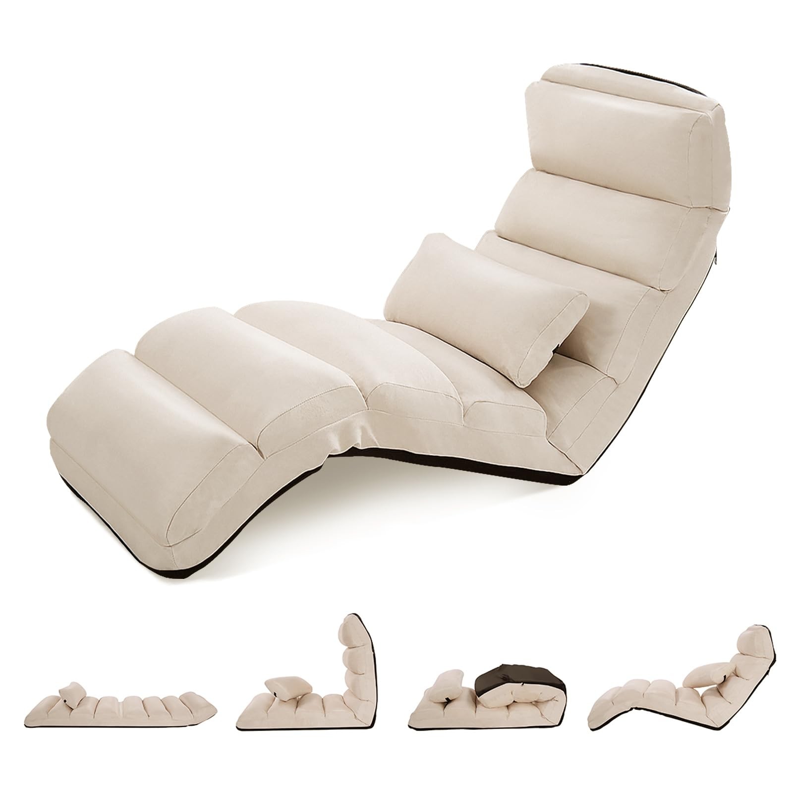 Adjustable 5-Position Floor Chair Folding Lounger for Gaming Sleeping Beige
