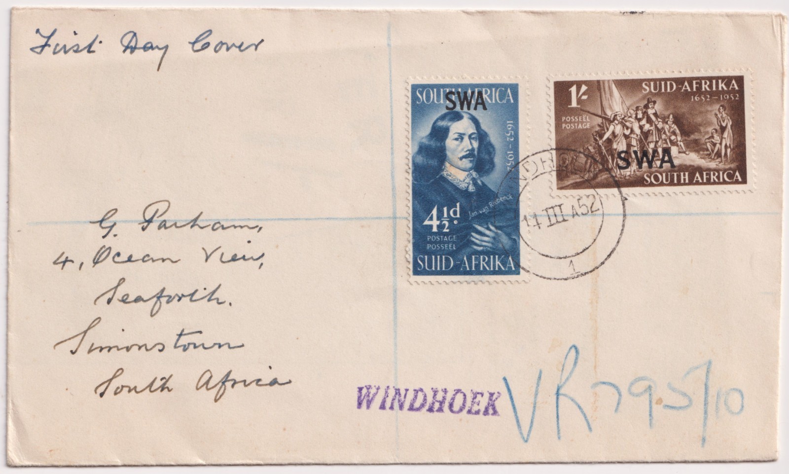 1952 SWA Jan Van Riebeeck First Day Cover Windhoek To Simonstown South Africa