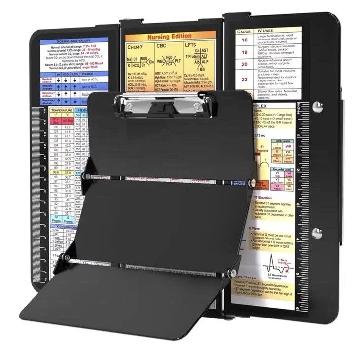 Nurse Foldable Metal Clipboard Medical References Cheat Sheet Black Lightweight