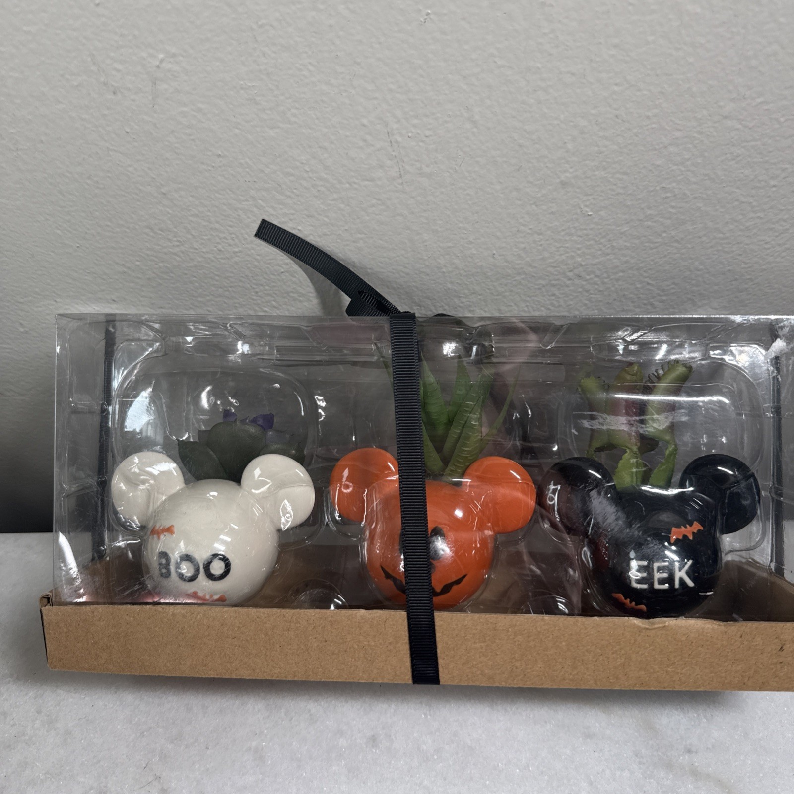 Disney Mickey Mouse Ears Mini Faux Planters NIB Set 3 Halloween Ceramic BOO EEK