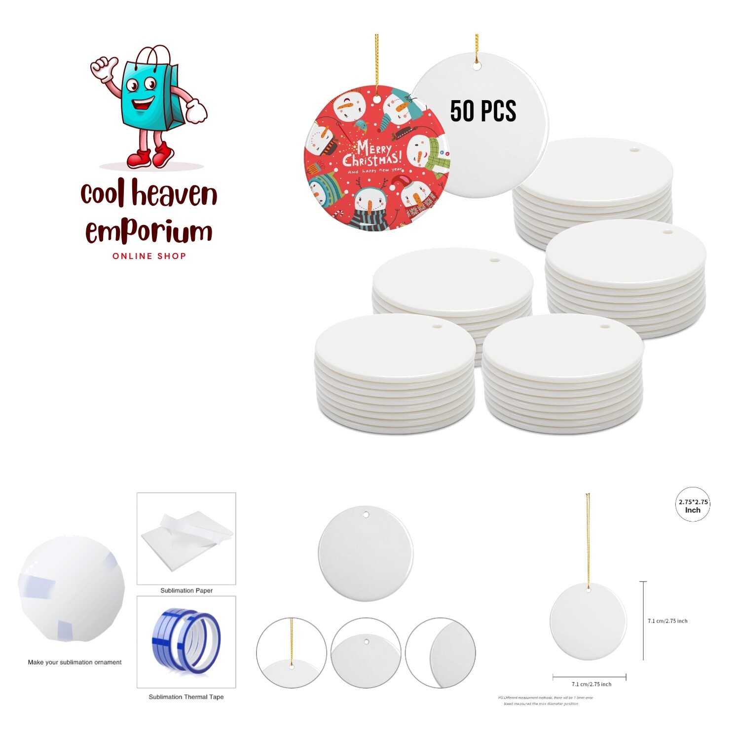 50 PCS Sublimation Ceramic Ornaments Bulk 2.75 Inch Round Blank Ornaments wit...