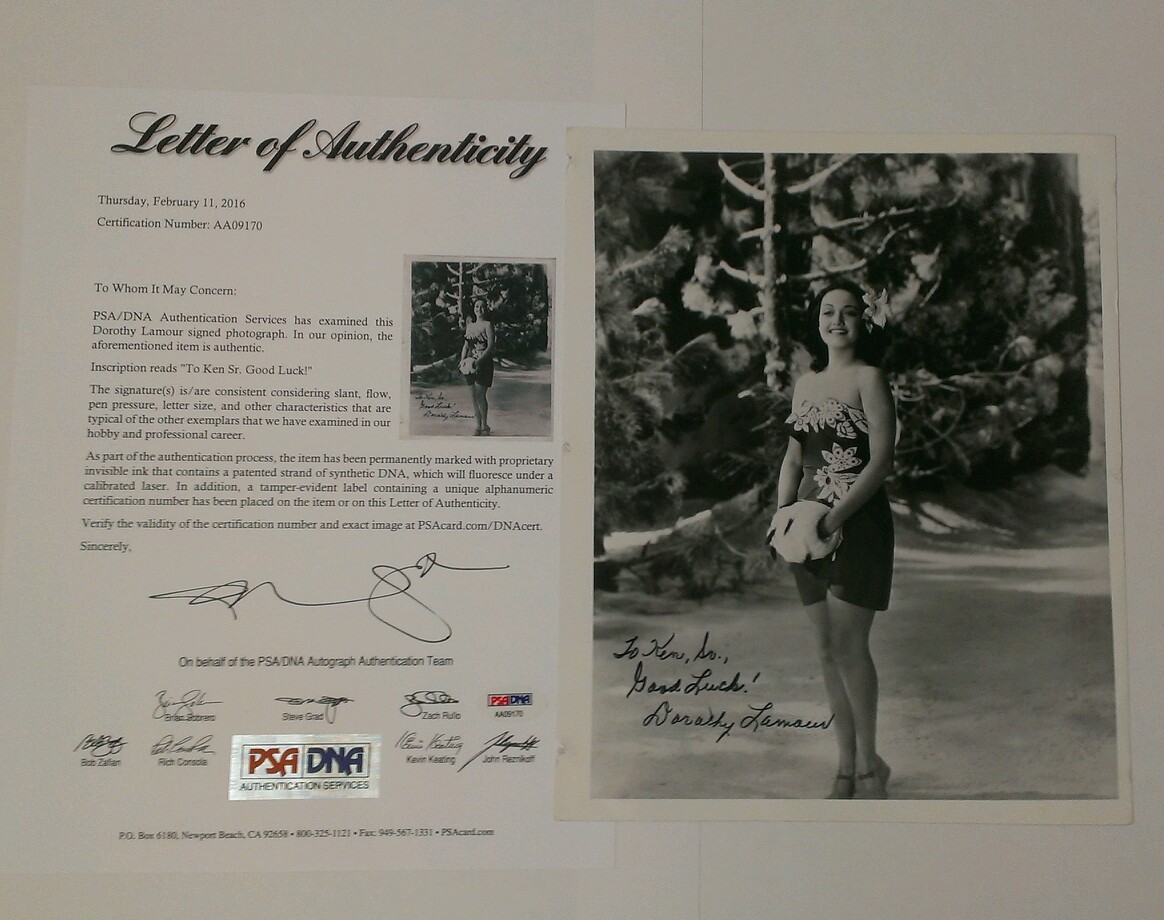 Autograph DOROTHY LAMOUR  COA by  PSA/DNA