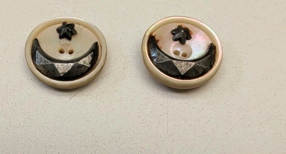 Antique Victorian Moon and Star Buttons - Pair of Inset Mother of Pearl 19thC