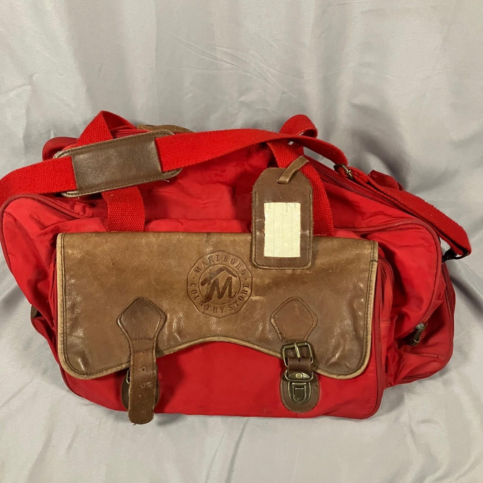 Vintage Marlboro Red Duffel Bag Leather Country Store 20x12 Trim VPC 06