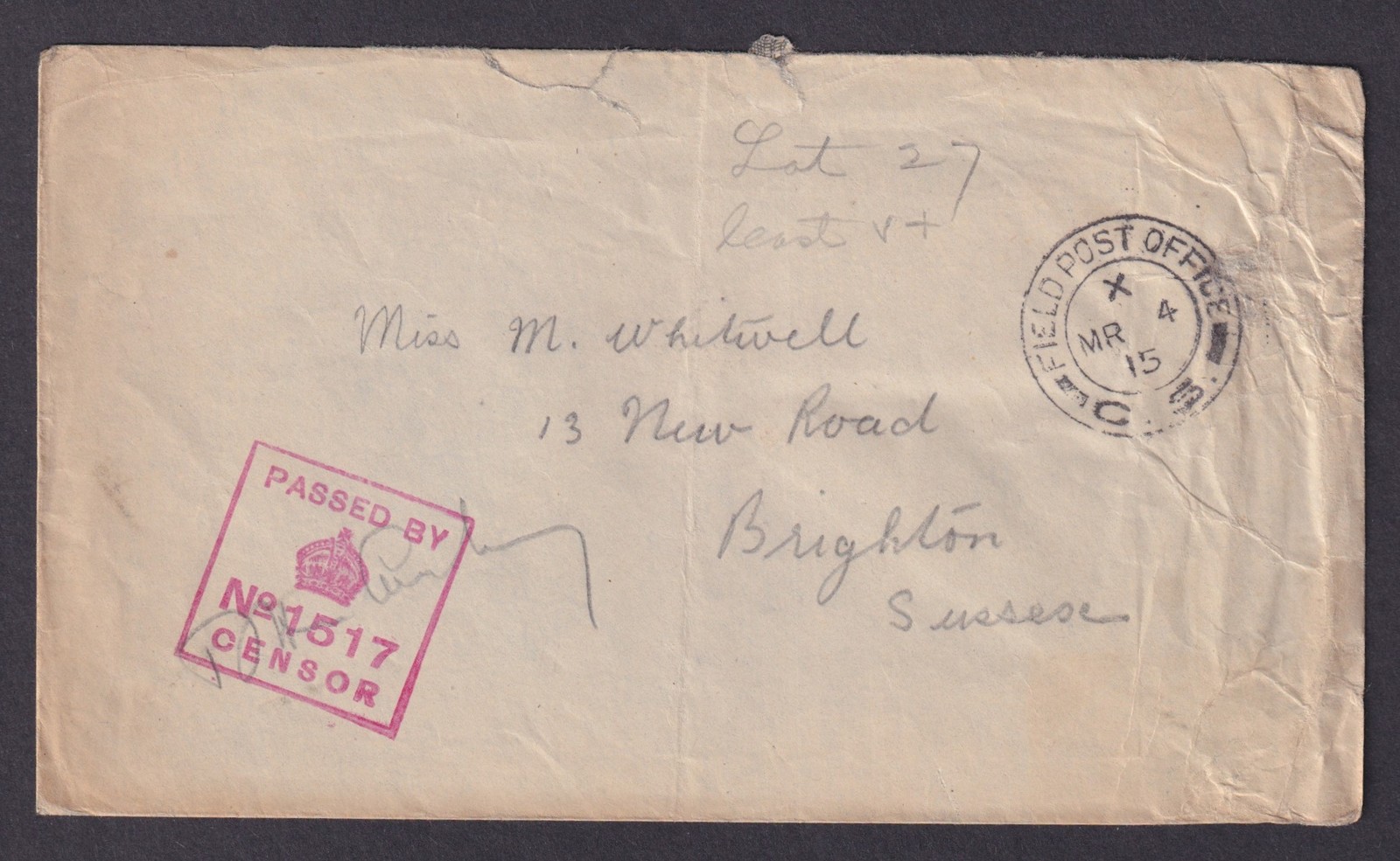 Great Britain 1915, Feildpost cover censored to Sussex, FPO CS, WWI