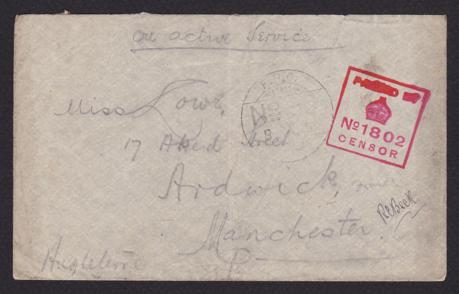 GREAT BRITAIN, Cover F.P.O. to Manchester, fieldpost