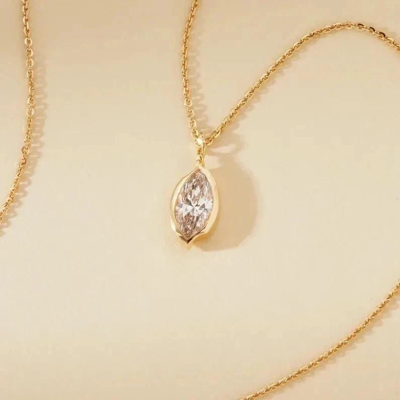 1.00 Ct Marquise Cut Lab Created Diamond Pendant 18"Chain 14K Yellow Gold Plated