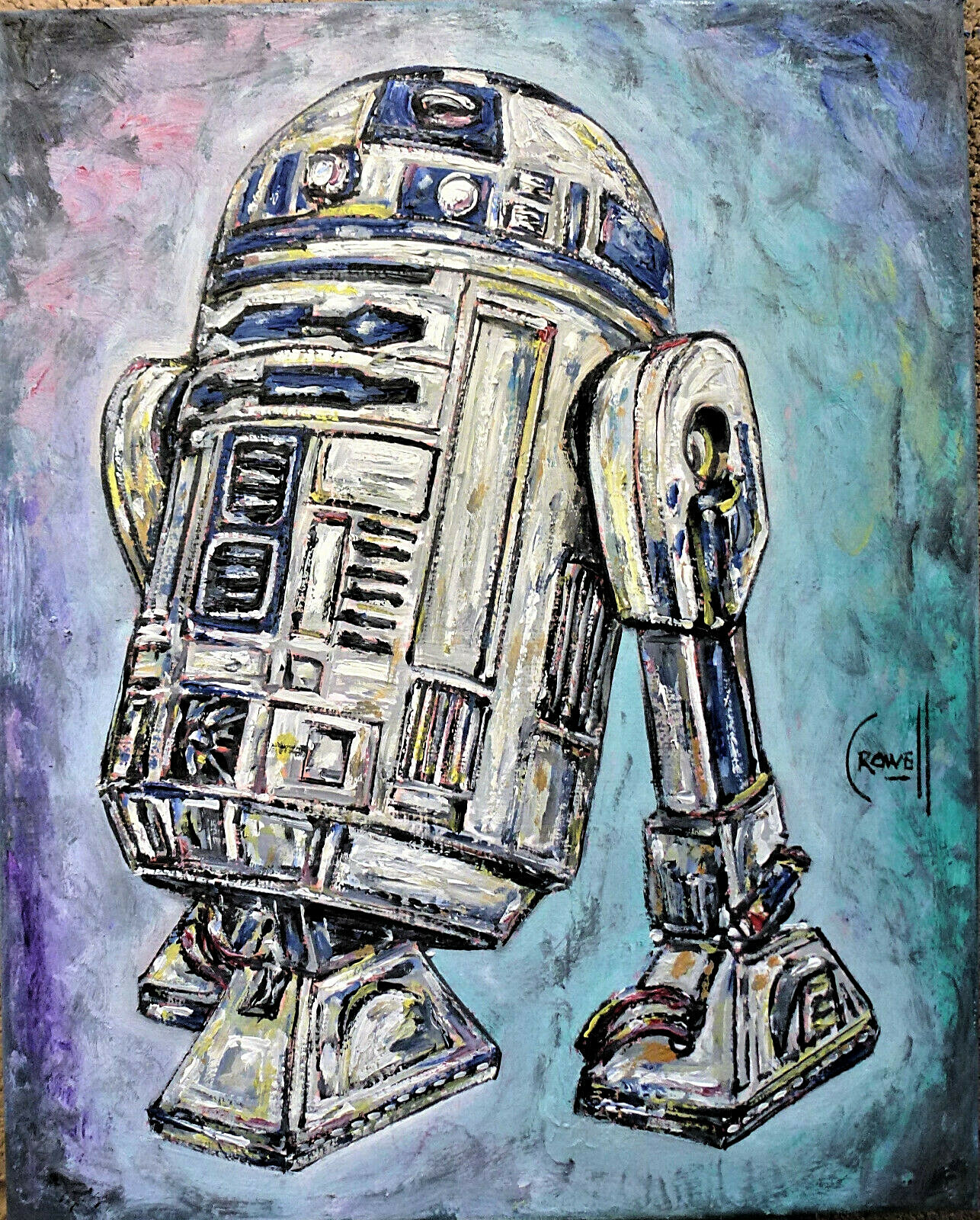 DROID R2D2 star wars ROBOT ICON 8x10 oil Painting original canvas signed CROWELL