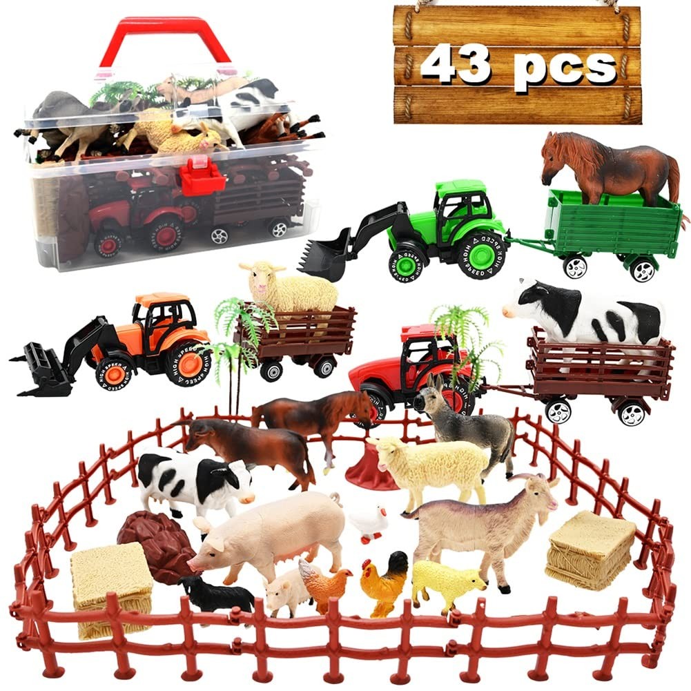 Kimicare 3 Pack Farm Toy Tractor with Medium, Green, Red, Brown, Black, White 