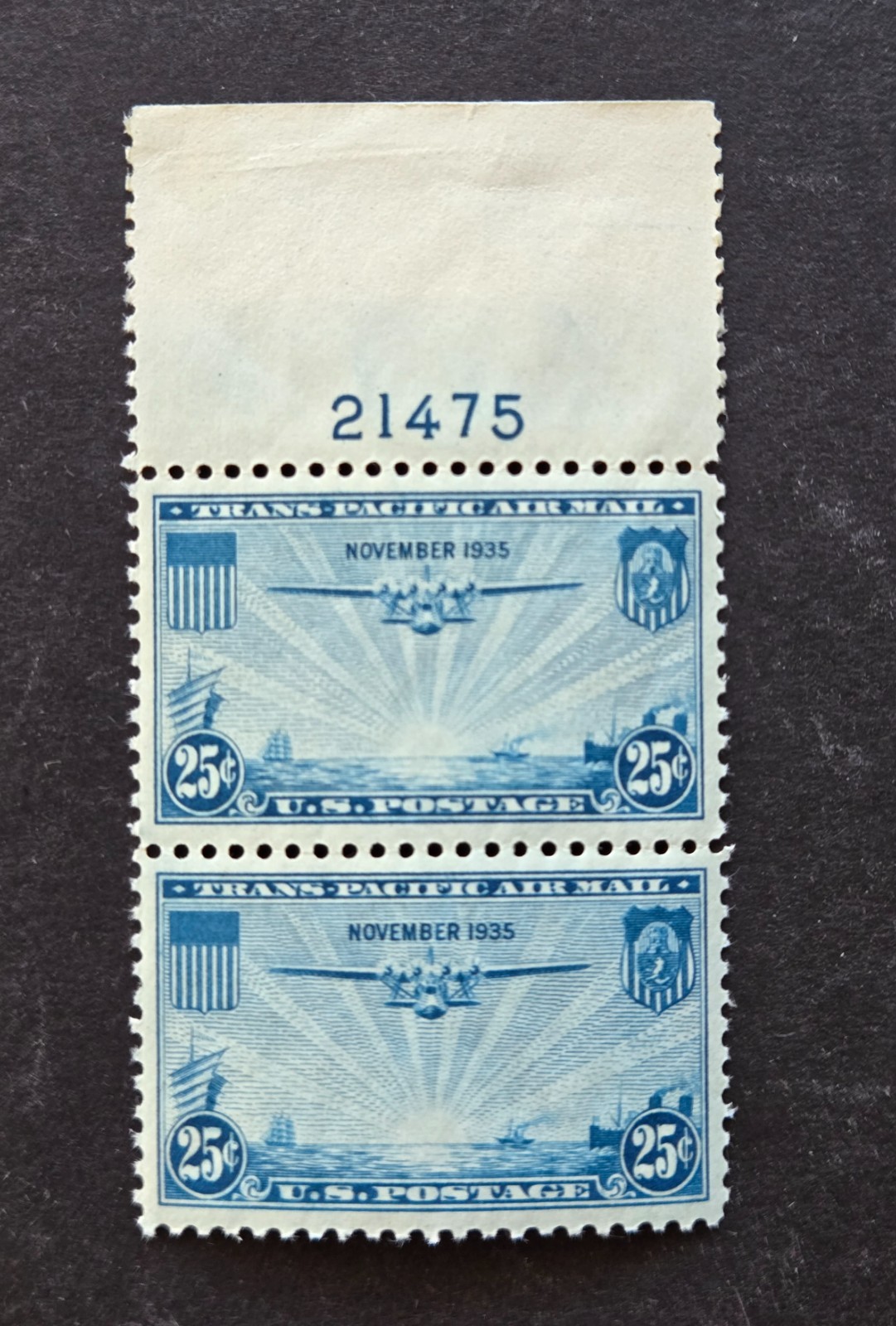 U.S. Sc # C20 airmail plate # pair, MNH, lot # A1139