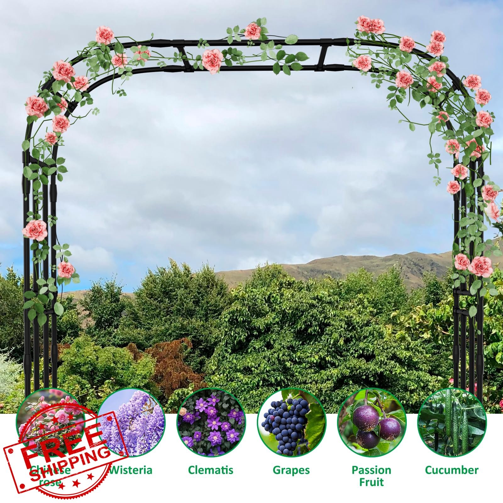 DoCred Garden Arch Trellis 87" Black Metal Climbing Plants Outdoor Arbor