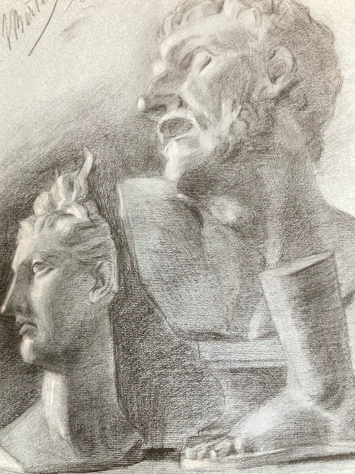 tres beau dessin fusain XIXe Pied tete buste Homme Sculpture a identifier Ancien