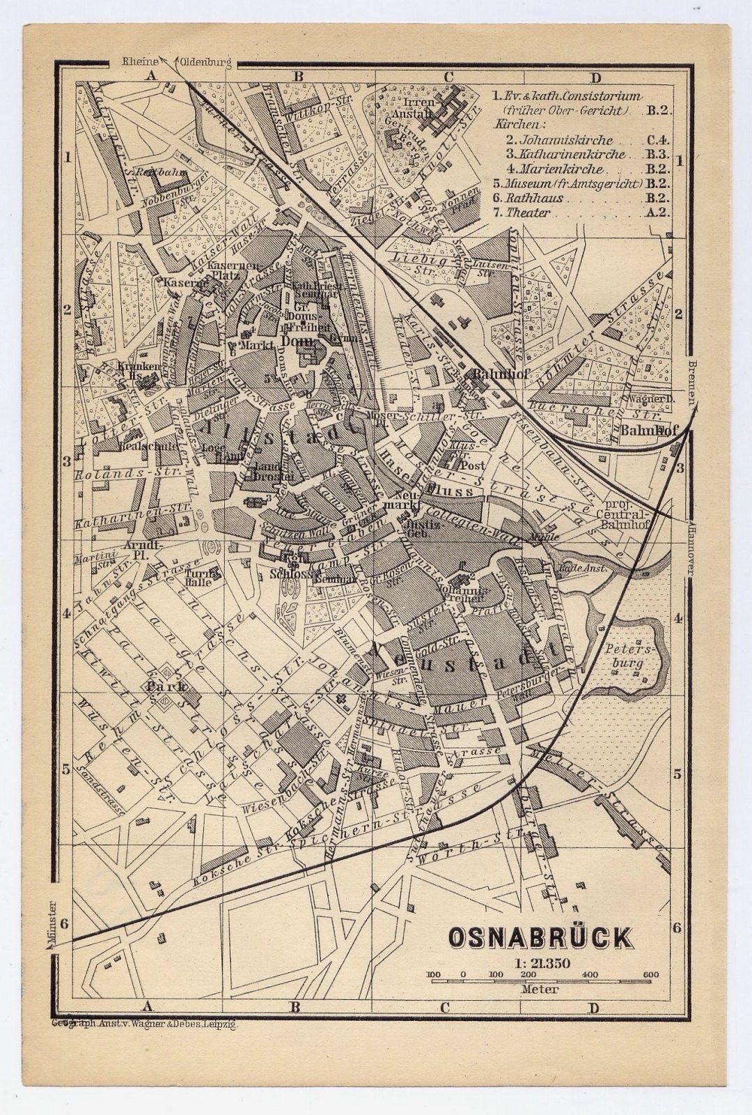 1892 ANTIQUE ORIGINAL CITY MAP OF OSNABRÜCK / LOWER SAXONY / GERMANY