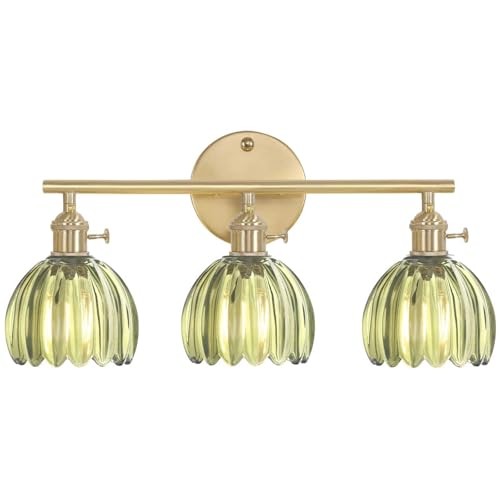 Bathroom Light Fixtures, 3-Light Hardwired 3 Heads-Golden Base-Tulip Green