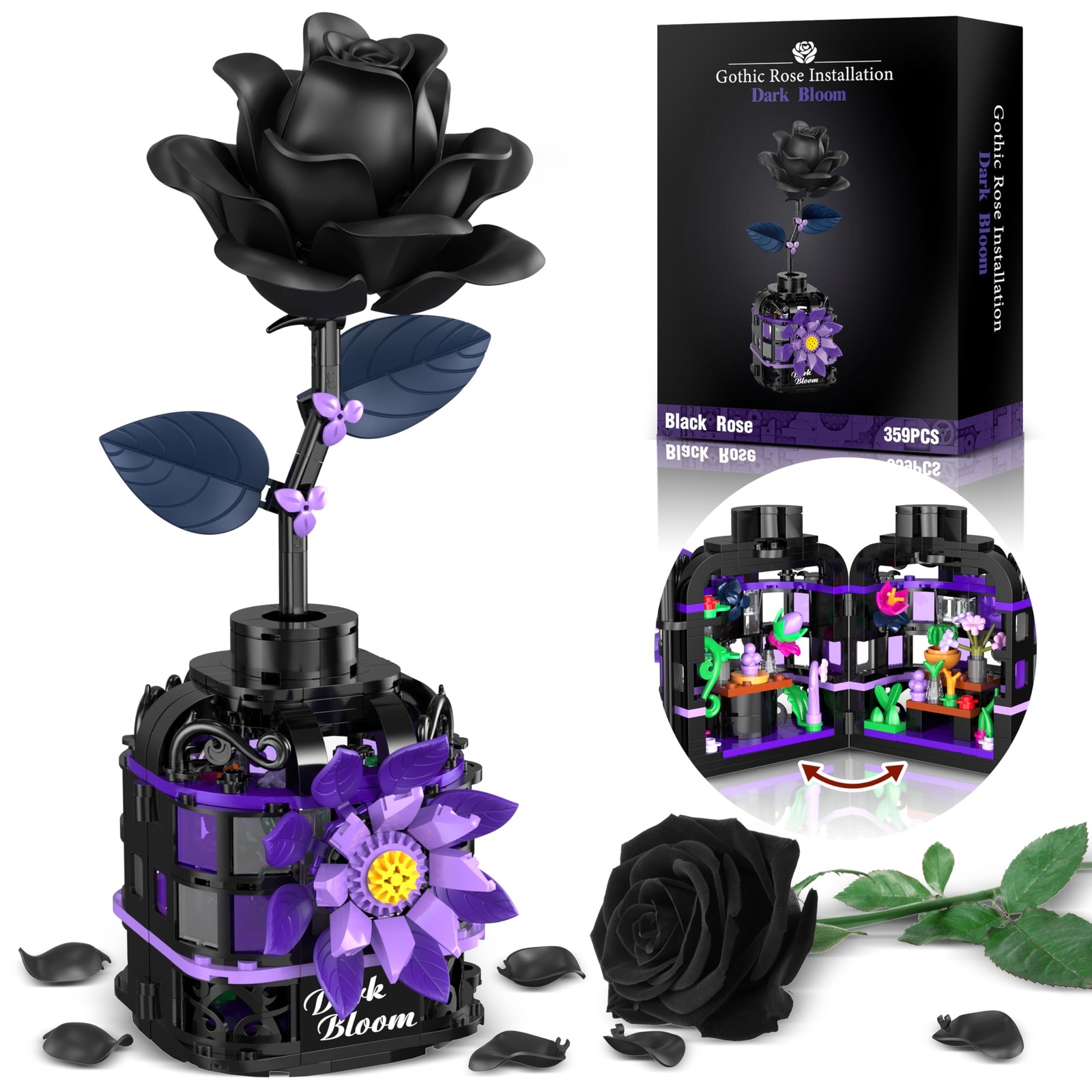 Alagoo Gothic Black Roses Building Blocks Kit, Mysterious Dark Bloom with Vas...