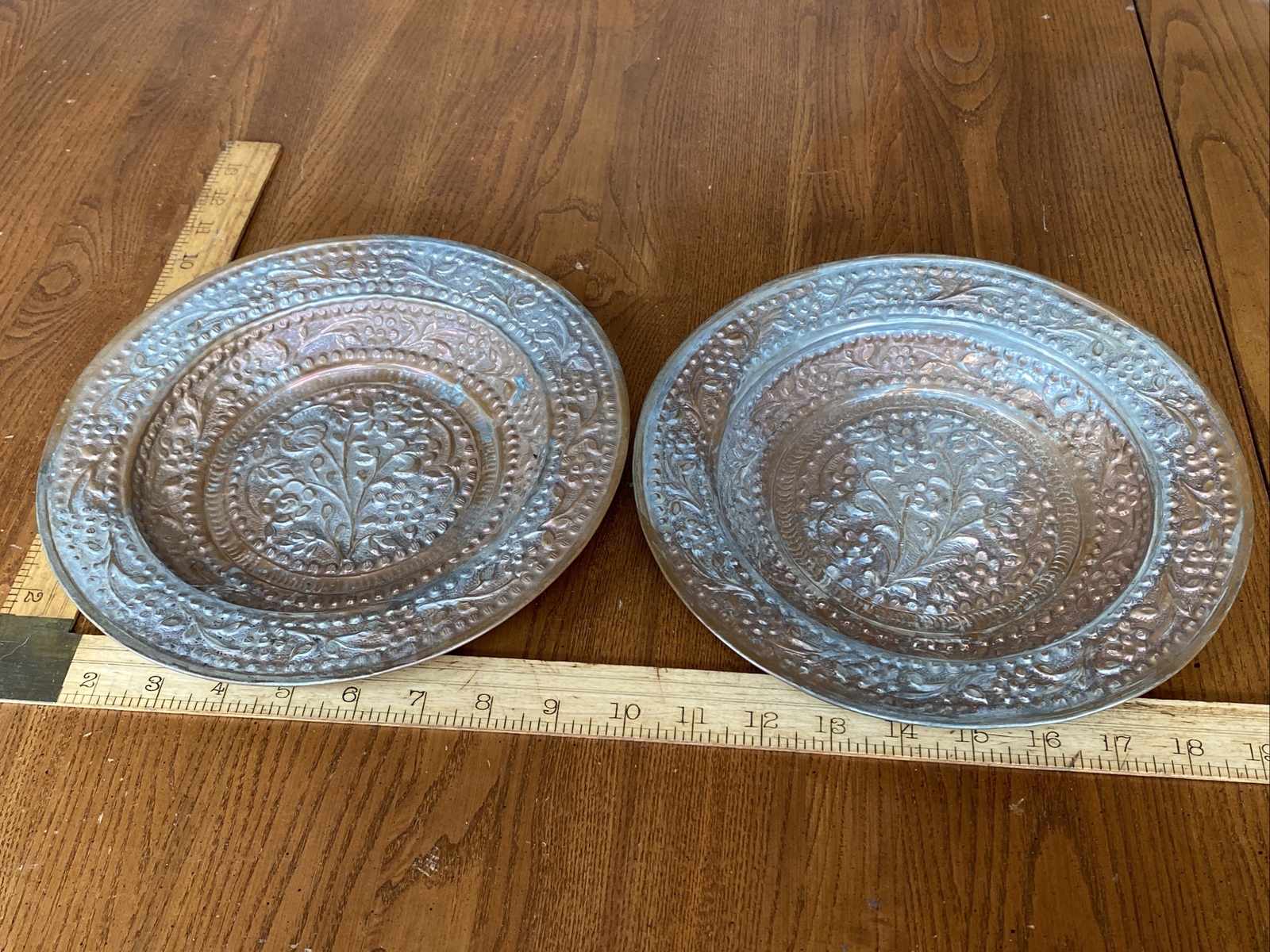 2 Vtg Tinned Copper Handcrafted Hammered Bowls Wall Hanger Decor Floral Flowers
