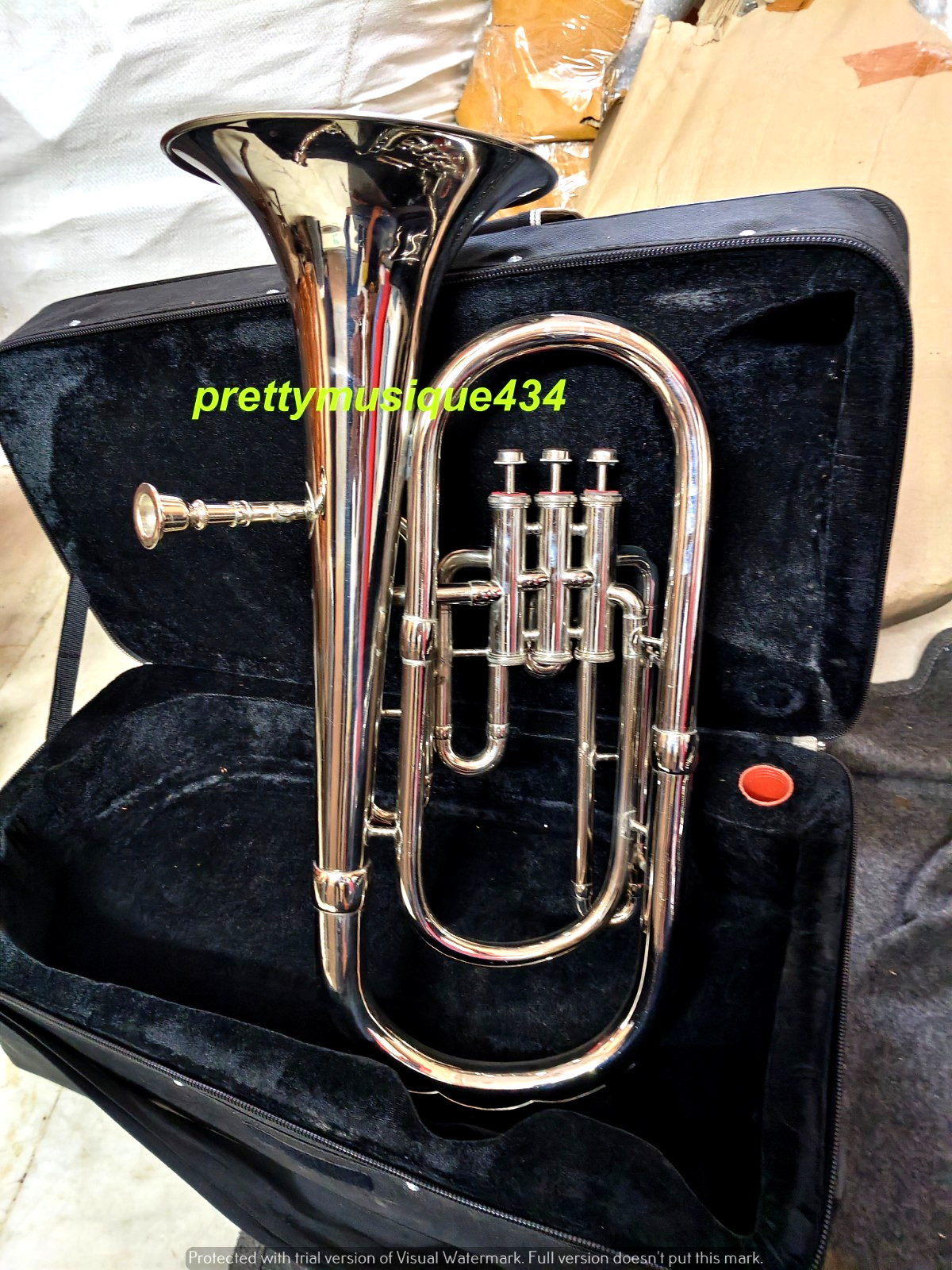 BARITONE HORN OF PURE BRASS METAL IN SILVER CHROME POLISH+CUSHION BOX+ FREE SHIP