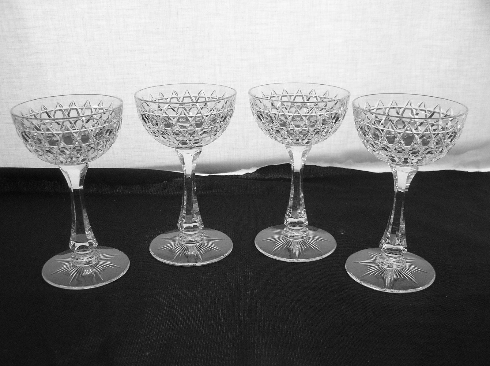 American Brilliant Cut Glass 1876-1916 4 Hawkes Hob Diamond tall champagnes