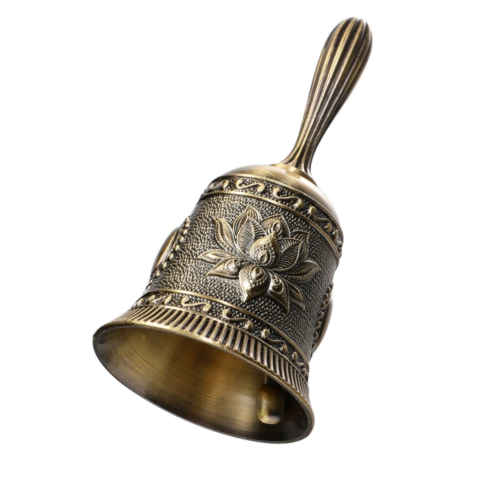 Super Loud Solid Brass Hand Call Bell Lotus Polished Vintage Metal 