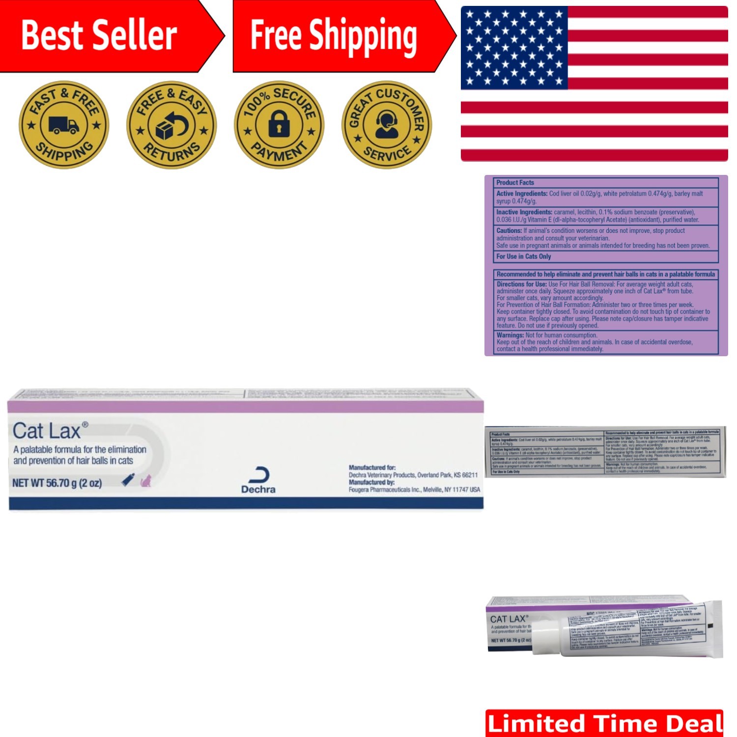 Effective Cat Hairball Solution - 2 Oz CatLax Gel with Cod Liver & Vitamin E