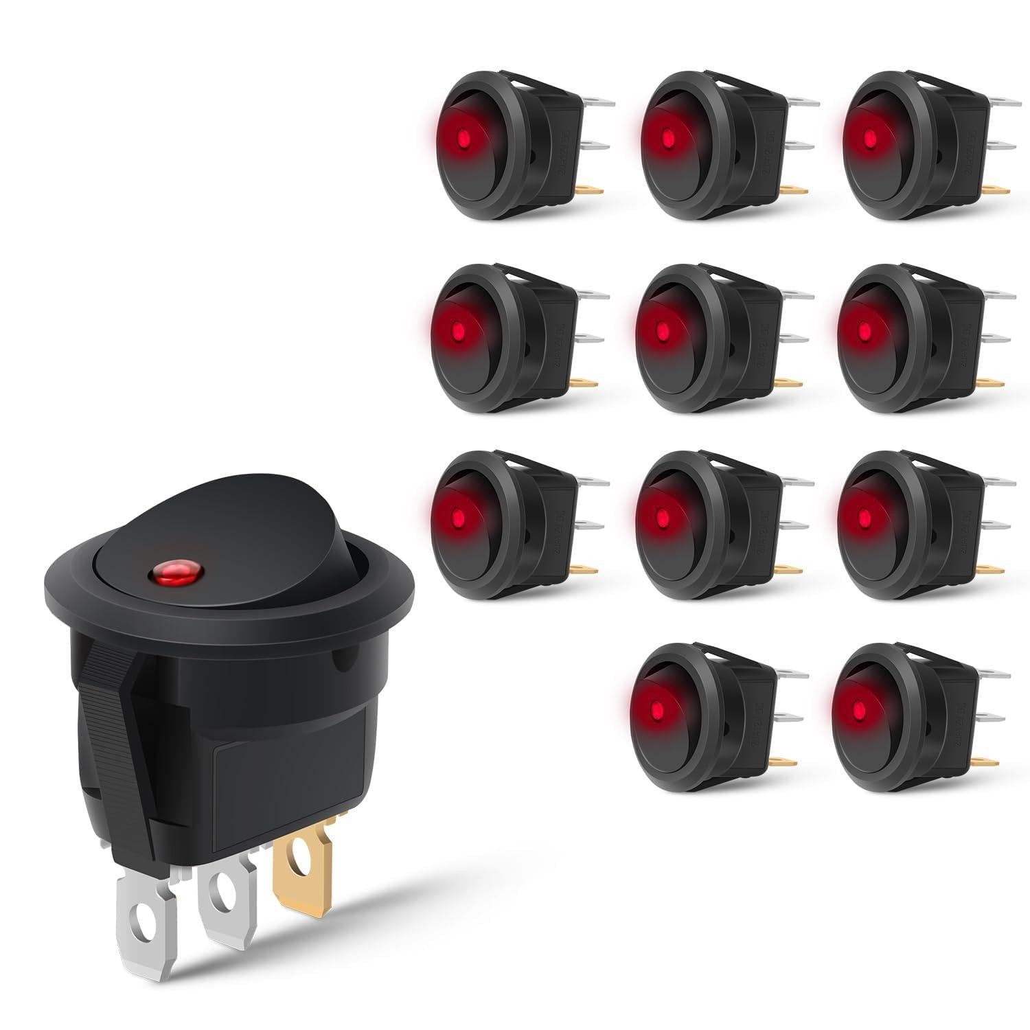 Nilight 12PCS Round Rocker Switches 12V 24V 20A Red LED Switch 