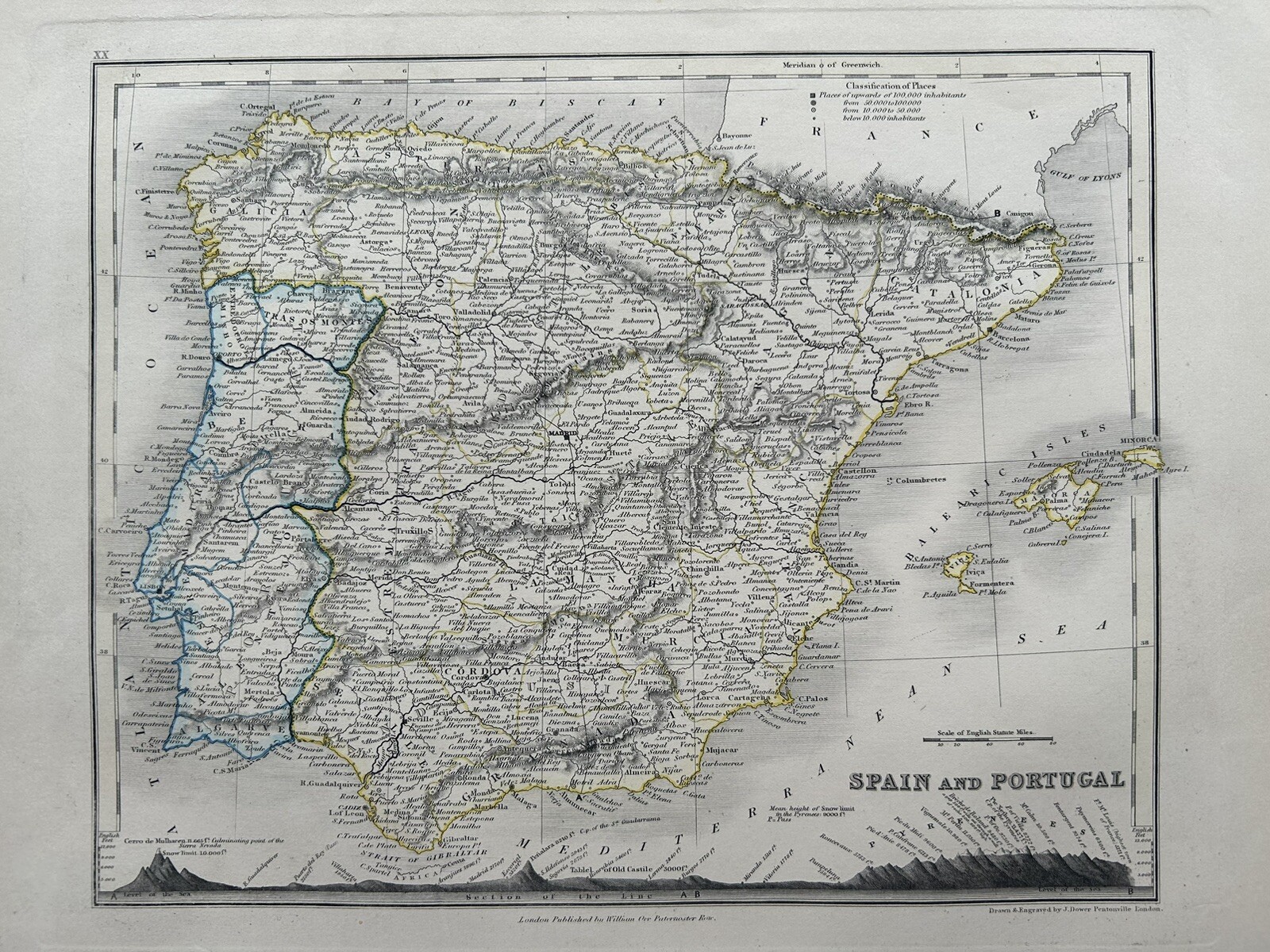1851 Spain & Portugal Hand Coloured Antique Map By John Dower Showing Mountains