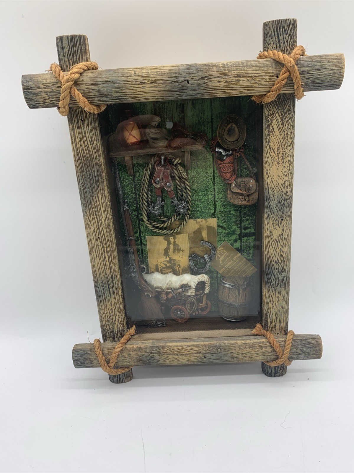 Vintage Framed Western Memorabilia Shadow Box  Hat Guns Barrel Horseshoe