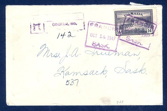 CANADA FRANCIS SASK OCT 14 1947 MOON CANCEL REGISTERED TO KAMSACK